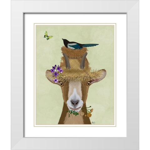 Goat In Straw Hat White Modern Wood Framed Art Print with Double Matting by Fab Funky