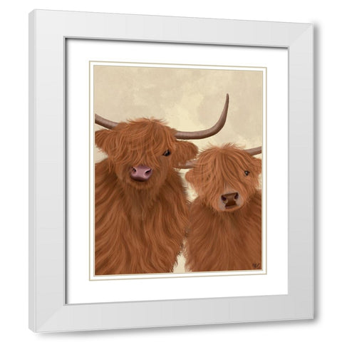 Highland Cow Duo, Looking at You White Modern Wood Framed Art Print with Double Matting by Fab Funky