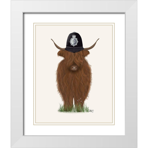 Highland Cow Policeman White Modern Wood Framed Art Print with Double Matting by Fab Funky