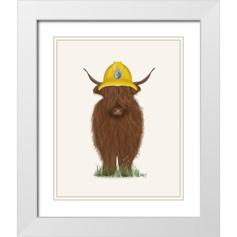 Highland Cow Fireman White Modern Wood Framed Art Print with Double Matting by Fab Funky