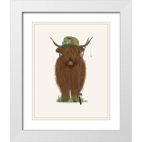Highland Cow Fisherman White Modern Wood Framed Art Print with Double Matting by Fab Funky