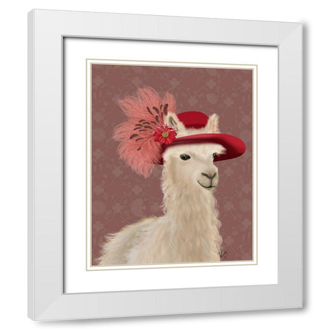 Llama Red Feather Hat White Modern Wood Framed Art Print with Double Matting by Fab Funky