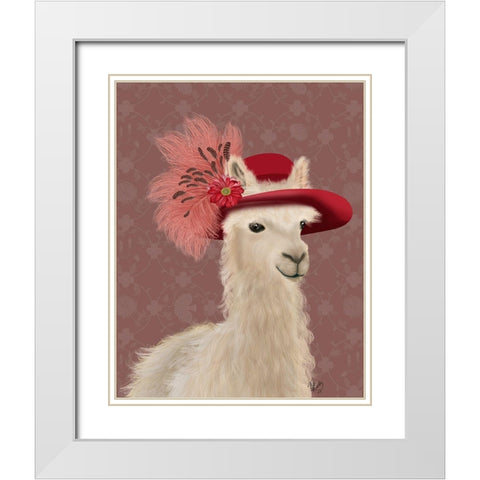 Llama Red Feather Hat White Modern Wood Framed Art Print with Double Matting by Fab Funky