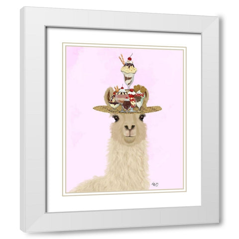 Llama Ice Cream Hat White Modern Wood Framed Art Print with Double Matting by Fab Funky