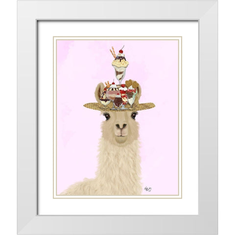 Llama Ice Cream Hat White Modern Wood Framed Art Print with Double Matting by Fab Funky