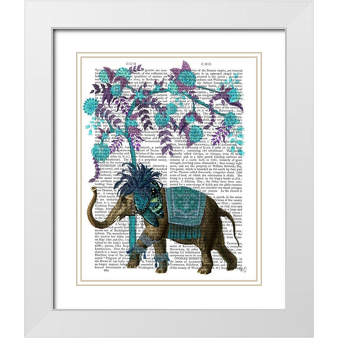 Niraj Elephant, Blue Tree White Modern Wood Framed Art Print with Double Matting by Fab Funky