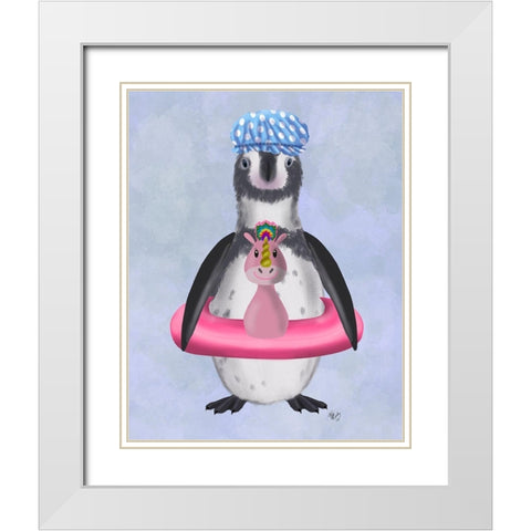 Penguin Unicorn Rubber Ring White Modern Wood Framed Art Print with Double Matting by Fab Funky