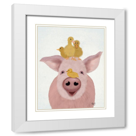 Pig and Ducklings White Modern Wood Framed Art Print with Double Matting by Fab Funky