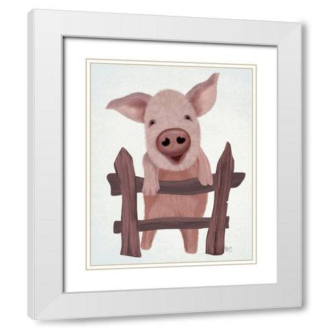 Pig On Fence White Modern Wood Framed Art Print with Double Matting by Fab Funky
