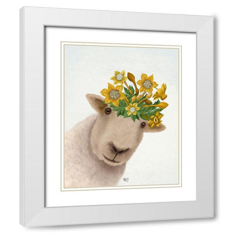 Sheep with Daffodil Crown White Modern Wood Framed Art Print with Double Matting by Fab Funky