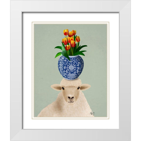Sheep and Tulips White Modern Wood Framed Art Print with Double Matting by Fab Funky