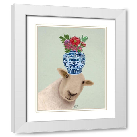 Sheep with Vase of Flowers White Modern Wood Framed Art Print with Double Matting by Fab Funky