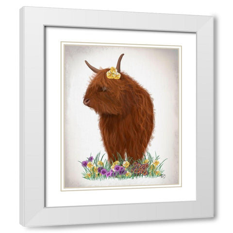 Highland Cow, Pansy White Modern Wood Framed Art Print with Double Matting by Fab Funky