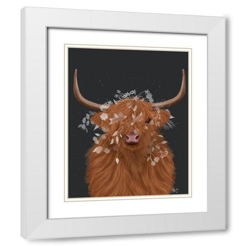 Highland Cow 1, White Flowers White Modern Wood Framed Art Print with Double Matting by Fab Funky