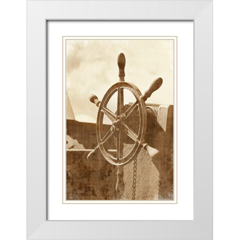 Sepia Ships Wheel I White Modern Wood Framed Art Print with Double Matting by Vision Studio
