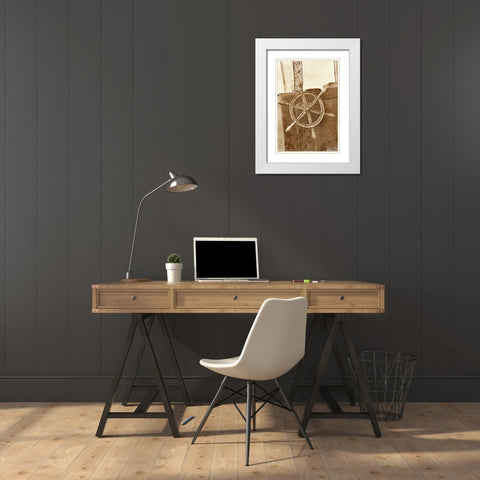 Sepia Ships Wheel II White Modern Wood Framed Art Print with Double Matting by Vision Studio