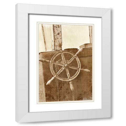 Sepia Ships Wheel II White Modern Wood Framed Art Print with Double Matting by Vision Studio