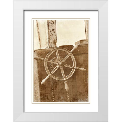 Sepia Ships Wheel II White Modern Wood Framed Art Print with Double Matting by Vision Studio