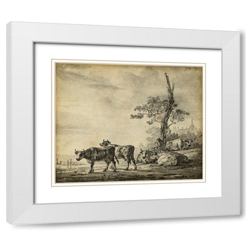 Pastoral Etching I White Modern Wood Framed Art Print with Double Matting by Unknown
