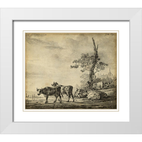 Pastoral Etching I White Modern Wood Framed Art Print with Double Matting by Unknown