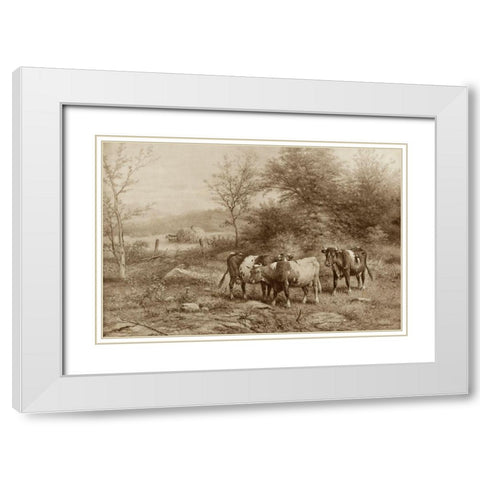 Grazing Cattle White Modern Wood Framed Art Print with Double Matting by Riecke, George