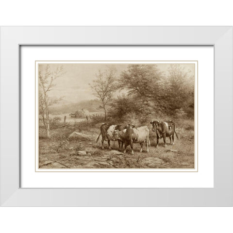 Grazing Cattle White Modern Wood Framed Art Print with Double Matting by Riecke, George