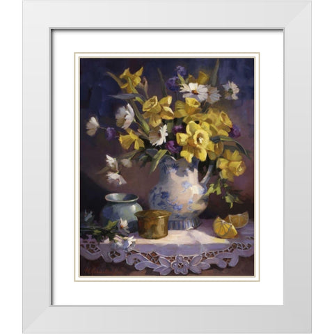 Daffodils and Lace White Modern Wood Framed Art Print with Double Matting by Johnston, Maxine