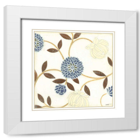 Blue and Cream Flowers on Silk I White Modern Wood Framed Art Print with Double Matting by Wyatt Jr., Norman