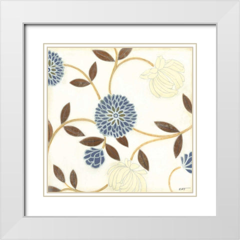 Blue and Cream Flowers on Silk I White Modern Wood Framed Art Print with Double Matting by Wyatt Jr., Norman