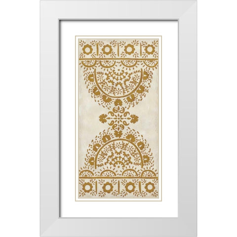 Ochre Embroidery I White Modern Wood Framed Art Print with Double Matting by Zarris, Chariklia