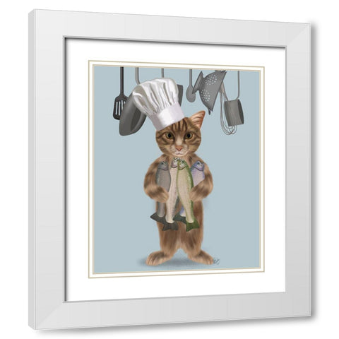 Tabby Cat Fish Chef White Modern Wood Framed Art Print with Double Matting by Fab Funky