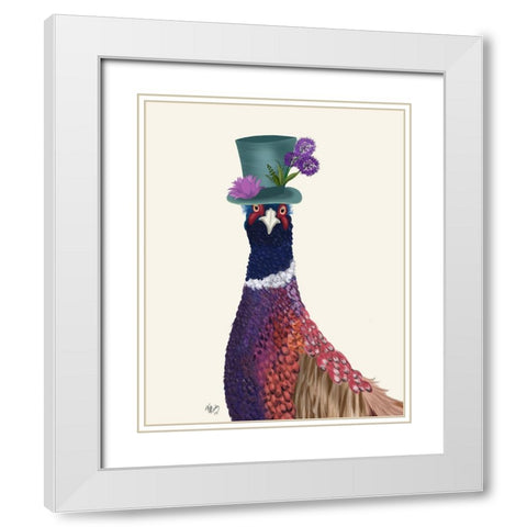 Pheasant in Blue Hat White Modern Wood Framed Art Print with Double Matting by Fab Funky