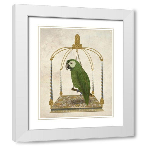 Green Parrot on Swing White Modern Wood Framed Art Print with Double Matting by Fab Funky