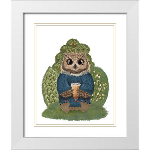 Latte Owl in Sweater White Modern Wood Framed Art Print with Double Matting by Fab Funky