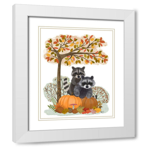 Raccoons On Pumpkins Under Tree White Modern Wood Framed Art Print with Double Matting by Fab Funky