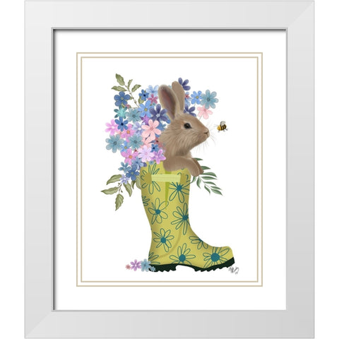 Welly Bunny And Bee White Modern Wood Framed Art Print with Double Matting by Fab Funky