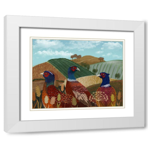 Pheasant Trio in Field White Modern Wood Framed Art Print with Double Matting by Fab Funky