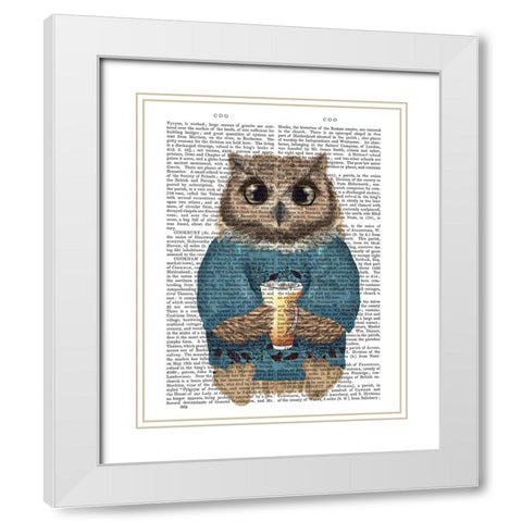 Latte Owl in Sweater White Modern Wood Framed Art Print with Double Matting by Fab Funky