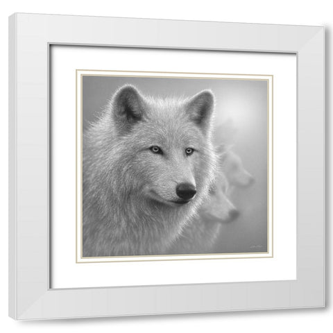 Arctic Wolves - Whiteout - BandW White Modern Wood Framed Art Print with Double Matting by Bogle, Collin