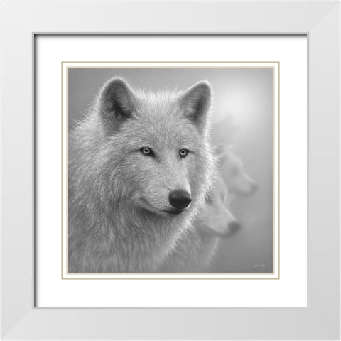 Arctic Wolves - Whiteout - BandW White Modern Wood Framed Art Print with Double Matting by Bogle, Collin