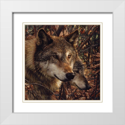 Autumn Wolves White Modern Wood Framed Art Print with Double Matting by Bogle, Collin