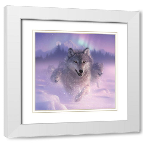 Running Wolves - Northern Lights - Square White Modern Wood Framed Art Print with Double Matting by Bogle, Collin