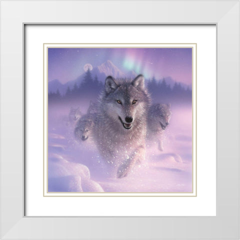 Running Wolves - Northern Lights - Square White Modern Wood Framed Art Print with Double Matting by Bogle, Collin