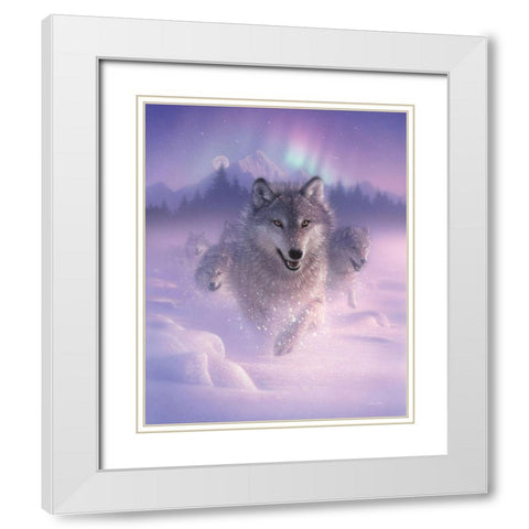 Running Wolves - Northern Lights White Modern Wood Framed Art Print with Double Matting by Bogle, Collin