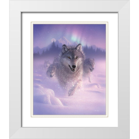 Running Wolves - Northern Lights White Modern Wood Framed Art Print with Double Matting by Bogle, Collin