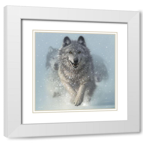 Running Wolves - Snow Plow - Square White Modern Wood Framed Art Print with Double Matting by Bogle, Collin