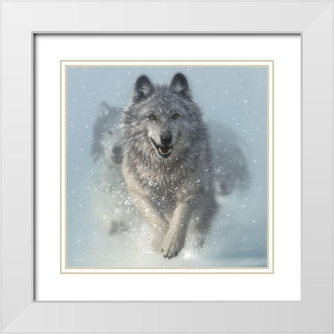 Running Wolves - Snow Plow - Square White Modern Wood Framed Art Print with Double Matting by Bogle, Collin