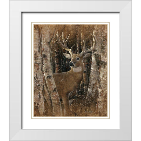 Whitetail Deer - Birchwood Buck White Modern Wood Framed Art Print with Double Matting by Bogle, Collin