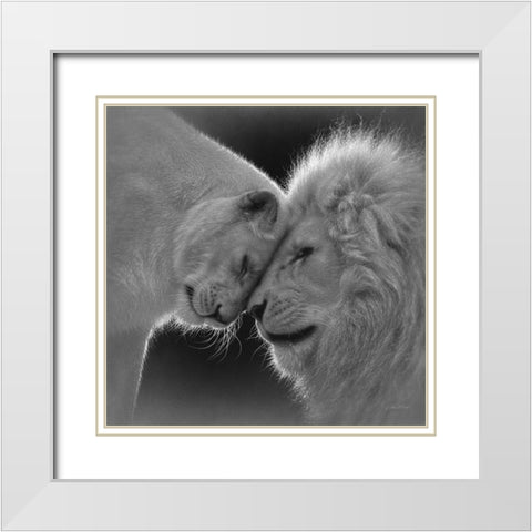 White Lion Love - BandW White Modern Wood Framed Art Print with Double Matting by Bogle, Collin