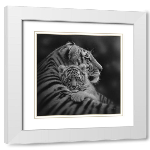 Tiger Mother and Cub - Cherished - BandW White Modern Wood Framed Art Print with Double Matting by Bogle, Collin